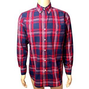 Chaps Men’s Easy Care Button Down Shirt Vtg M Red Blue Bold Plaid Long Sleeve